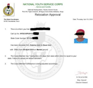 What does an NYSC relocation letter look like